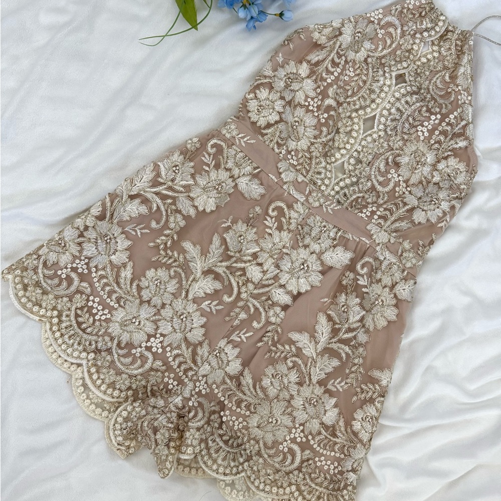 Angel Biba Blush Lace Embroidered Cocktail Romper